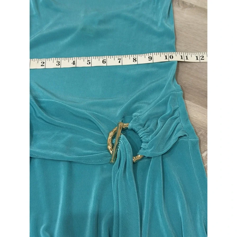 VTG Cacique Aqua Halter Dress XS Cowl Neck Gold Ring Detail Y2K Going Out 2000's - Picture 6 of 12